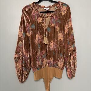 Fate Women’s Burnout Floral Flowy Boho Hippie Bodysuit Top Puff Sleeve Medium